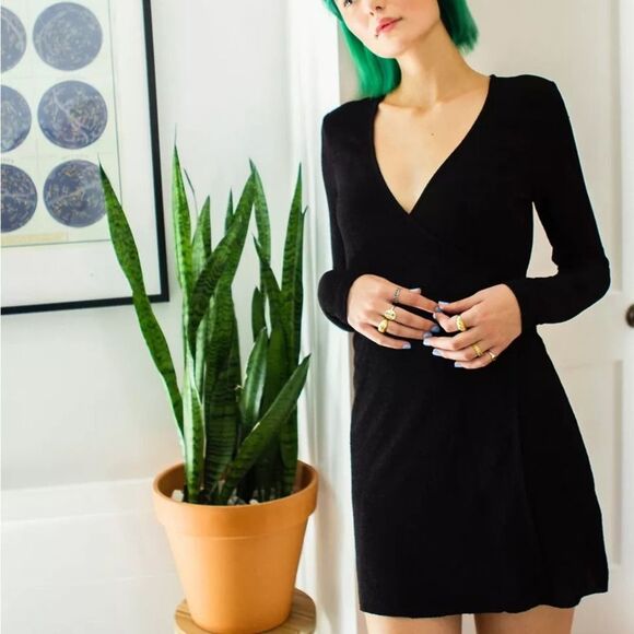 Urban Outfitters Womens UO Sugar Knit Mini Wrap Dress Black Small LBD Tie Waist - Picture 1 of 8